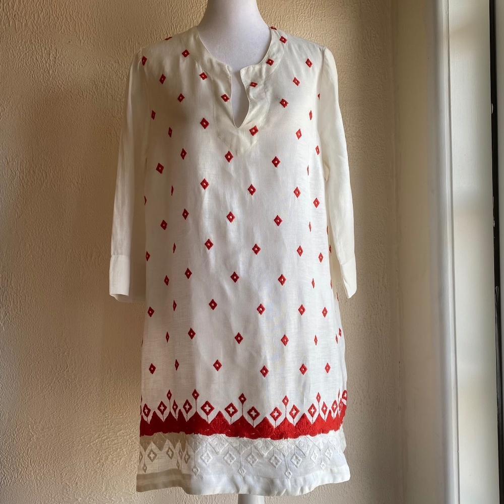 120% Lino shift dress in ivory linen with red and ivory embroidery Size 38 EU